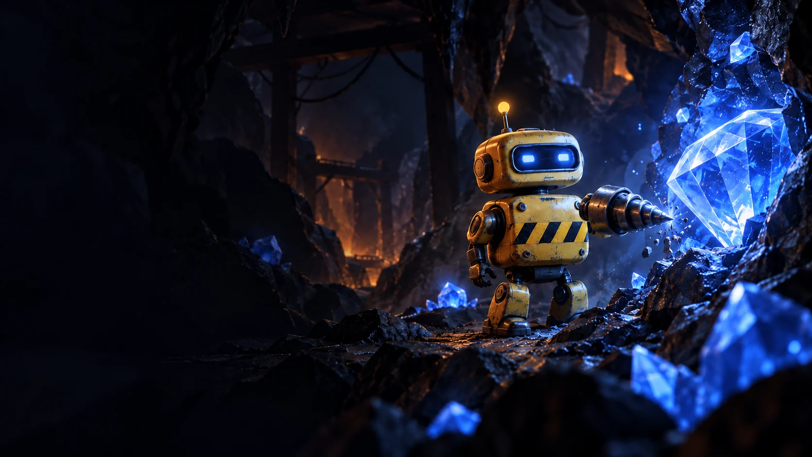 Żółty robot odkrywa kobaltowoniebieskie diamenty w podziemnej kopalni — ilustracja promocyjna.